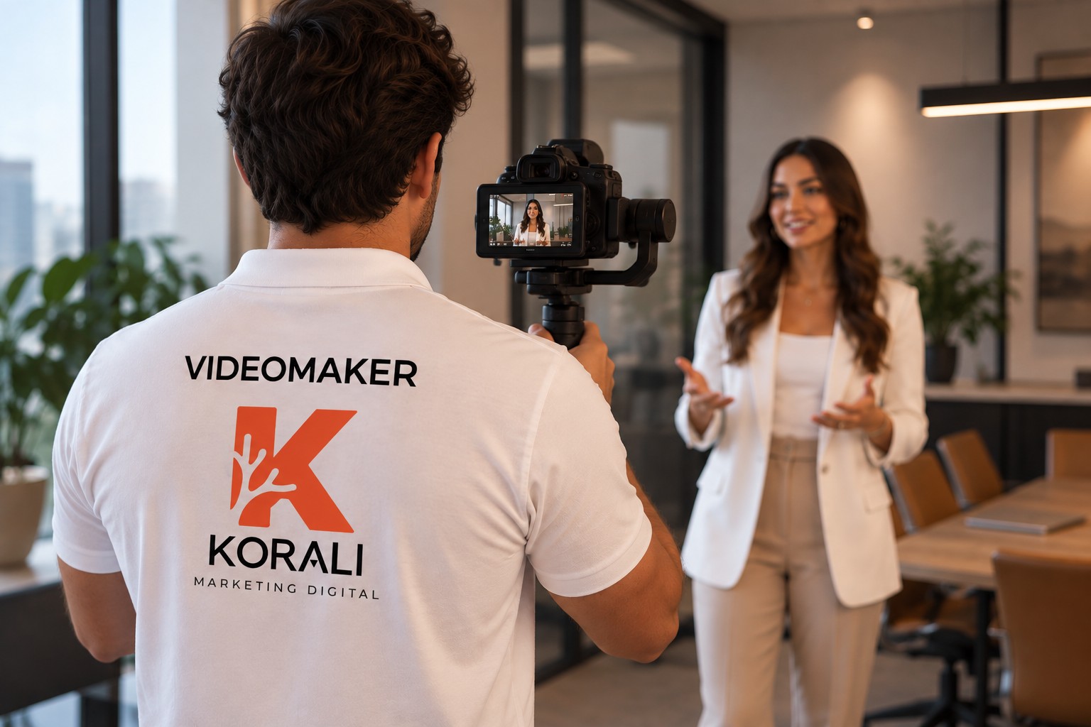 Videomaker da Korali gravando conteúdo em ambiente corporativo